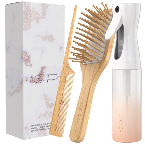 Water Mister Spray Bottle for hair - 3pc set w/bamboo brush, rat tail combs & Continuous spray bottle for hair | Natural Bamboo hair brush & Wooden Comb w/fine misting spray bottles (Rose Gold) - color: Rose Gold
