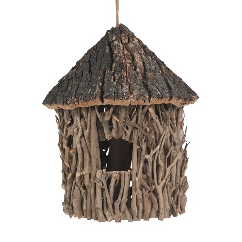 Twig-Covered Cylinder Birdhouse Squirrel House, 2.4" Entry for Medium Birds, Natural Branch Exterior & Waterproof Interior, Woodland Garden Backyard Decor - style: Cylindrical House