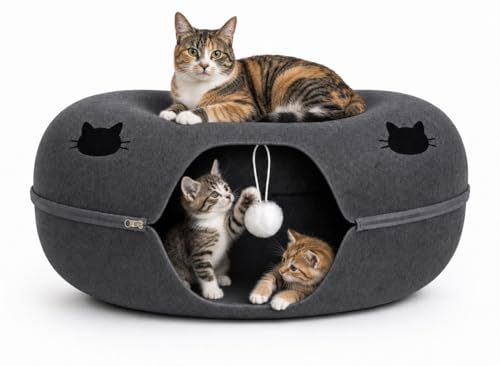 Cat Cave Tunnel Bed - Comfort Bedz Large Donut Cat House, Enclosed Felt Hideaway with Zipper, Top Perch, Interactive Toy, Washable for Indoor Cats up to 25lbs