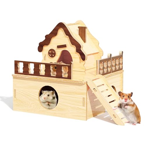 Wooden Hamster Platform and Dwarf Hamster House,Cute Syrian Hamster Tiny House Hideout,Large Balcony Lookout Holes,for Dwarf Gerbils and Mouse Mice Rat Other Small Animals(G) - color: BrownL