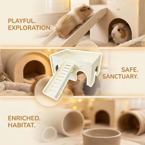 Wooden Guinea Pig House, 2-Tier Hamster Hideout with Anti-Slip Ramp, Large Small Animal House Habitat for Bunny Chinchilla Dwarf Rabbit, Tool-Free Assembly Climbing Toy Castle