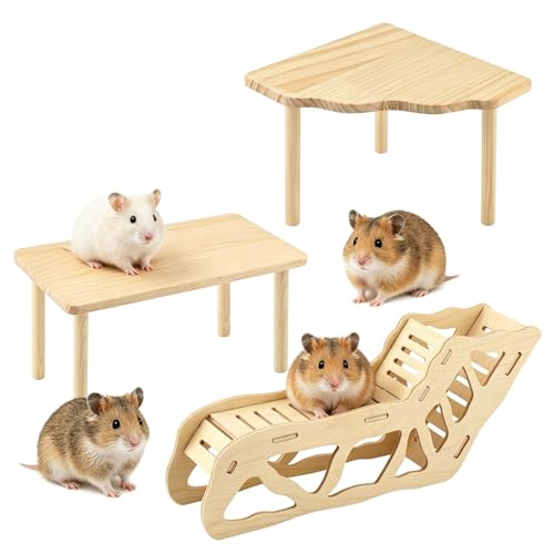 3 Pack Wooden Hamster Play Platform, 3-in-1 Natural Small Pet Playground with Tunnel, Ladder & Hidden Rest Area, Wooden Support Column Cage Accessories for Hamsters, Squirrels & Tiny Pets