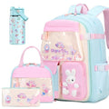 FIXITOK Girls Backpack with 14oz Insulated Water Bottle Set, Kawaii Bunny School Backpack for Girls with Kids Water Bottle Lunch Bag Pencil Case for Kindergarten Elementary Preschool School - color: W-aquamarine