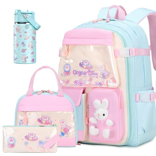 FIXITOK Girls Backpack with 14oz Insulated Water Bottle Set, Kawaii Bunny School Backpack for Girls with Kids Water Bottle Lunch Bag Pencil Case for Kindergarten Elementary Preschool School - color: W-aquamarine