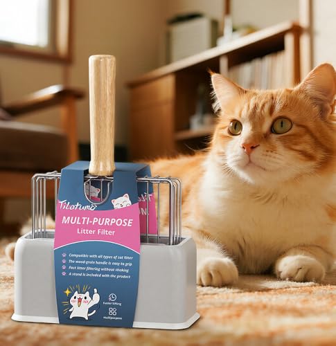 Cat Litter Scoo Easy Use Metal Litter Scoop with Comfortable Beech Wood Grip - One Easy to Clean Stand is Included