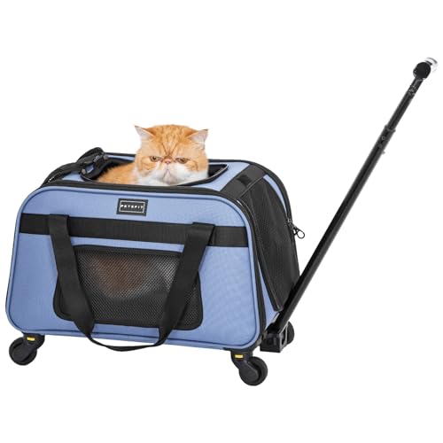 Petsfit Cat Carrier with Wheels, Removable Spinner Wheels, Up to 13 lb | Fits pets up to 15 L x 8 H in and 13 lb; removable spinner wheels, anti-sag frame, 4-sided mesh, safety tether and locks. - color: Blue, size: 20.1"L x 12.2"W x 14.2"H