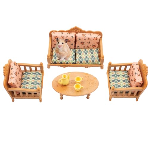 Hamster Mini Sofa Chair, Cage Decor Photo Toys, Fluffy Small Pet Furniture Including Couch and Teatable Tea Cups, Relax Habitat House Accessories