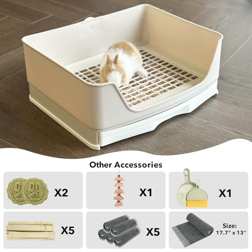 RUBYHOME Oversize Rabbit Litter Box with Drawer, Corner Toilet Box with Grate Potty Trainer, Bigger Pet Pan for Adult Guinea Pigs, Chinchilla, Ferret, Galesaur, Small Animals, 16.9 inch Long (White)
