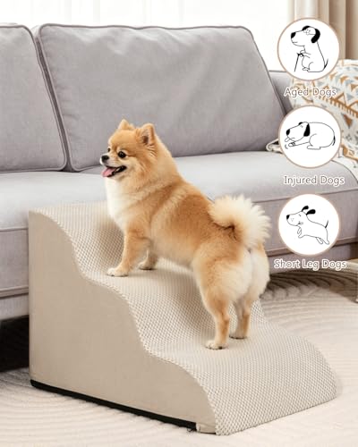 Aodisman Dog Stairs for Small Dogs,3 Step Dog Ramp for Couch,Non-Slip Steps | Pet stairs help small dogs, old cats, and puppies reach couches and chairs easily, durable indoor dog steps,15.4" H,Beige - color: Beige