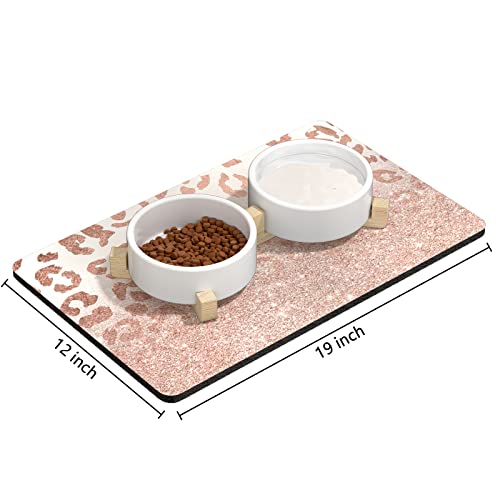 Rnivvi Dog Food Mat, 12" x 19" Leopard Absorbent Dog Cat Bowl Mat for Food and Water, Cute Anti-Slip Rubber Pet Feeding Rug Protect Floors, Puppy Placemat for Feeding & Watering Supplies, Rose - color: Rose Gold Leopard Print, size: 12"x19" (Regular)