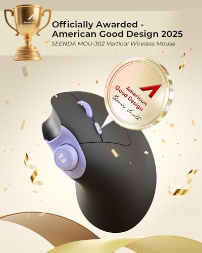 seenda MOU-302 Wireless Bluetooth Ergonomic Vertical Mouse with Volume Knob | Rechargeable 3-device mice for small/medium hands with quiet clicks, 1000/1600/2400 DPI for PC, laptop, MacBook, Black Purple - color: Black Purple