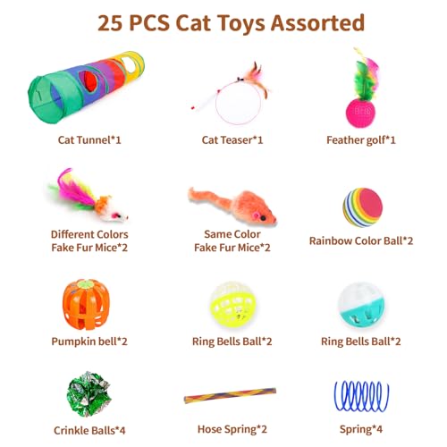 iCAGY 25 Pcs Cat Toys Set, Cat Tunnel Toy for Indoor Cats, Kittens | Interactive Variety Pack, 45" Rainbow Cat Tunnel, Feather Teaser, Feather Golf, Mice, Springs, Balls, Noise Toys - Colorful