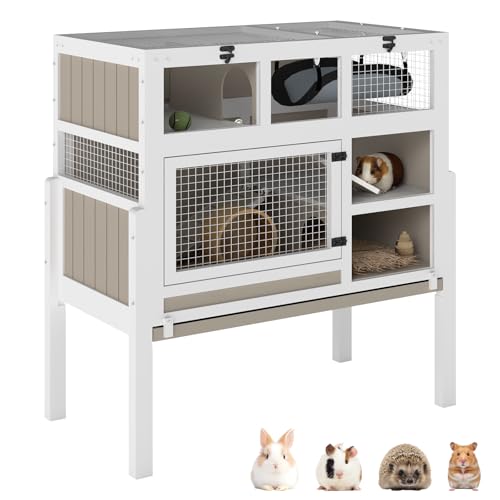 Ketive Guinea Pig Cages Indoor, 3-Story Wooden Small Animal Cage with Stand | Rabbit Hutch with Ramps, Removable Hammock & Hideout, Leak-Proof Pull-Out Tray Habitat for Hamsters, Guinea Pigs, Rabbits