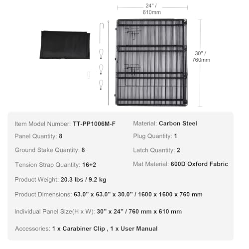 VEVOR Dog Playpen, 8 Pcs 30"H x 24"W Panels Foldable Metal Pet Exercise Pen, Dog Fence Indoor and Outdoor Pen with Door, 600D Oxford Fabric Bottom Pad, Pet Playpen for Dogs, Cats, Other Small Animals - size: 8 panels 30*24in, style: Playpen + Bottom Pad