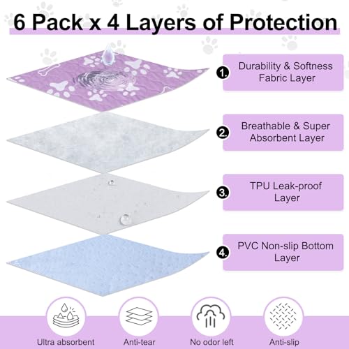 BEAUTYZOO 6 Pack Washable Pee Pads for Dogs, Reusable Puppy Pads for Potty Training, Waterproof Super Absorbent Whelping Pads Mats Non Slip Against Urine for Small Medium Dogs Cats, 16" x 24" - color: Purple, size: 16 X 24 Inch (Pack of 6)