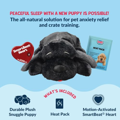 Snuggle Puppy Heartbeat Dog Toy for Puppies, Real-Feel Heartbeat, Calming Sleep Aid and Crate Training Comfort Toy with Heat Pack, Black Plush Design | Calming heartbeat toy, crate training comfort, heat pack, new puppy essentials, first nights, sleep, me
