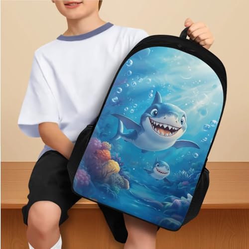 Two Sharks Backpack for Girls Kids Bookbag with Lunch Box Water Bottle Pouch, and Pencil Case for Boys 4 PCS Primary/Secondary School Bag With Compartment for 7th Grade Kids - color: Two Sharks