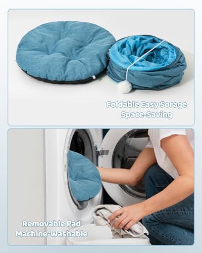 Odoland Linen Cat Tunnels with Central Cat Bed, Interactive Cat Toys Detachable Washable Soft Mat Large Indoor Play Tunnel Cave for Kittens and Small Animals - color: Linen Light Blue