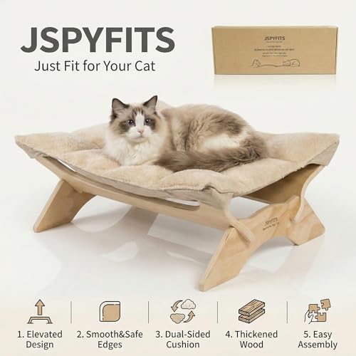 JSPYFITS Elevated Cat Bed Hammock, Raised Cat Bed with Dual-Sided Plush & Linen Cushion, Machine Washable & Breathable Cover Tool Free Easy Assembly, up to 66Lbs (Beige) - color: Chic Beige