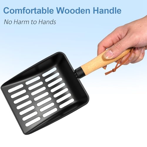 Cat Litter Scoop, Metal Litter Scoop, Short | Heavy Duty Metal Cat Scooper for Litter Box, Black Sifter Scoop for Pellets, Wooden Handle Scoop with Hole, Kitty Necessity - size: Cat Litter Scoop Short