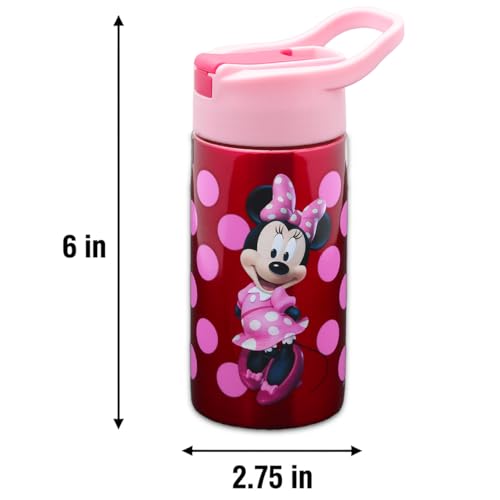 Minnie Mouse Stainless Steel Water 14 Oz Bottle for Kids Adults Bundle | 6" Durable Metal Tumbler Spill-Proof Cup with Straw for School Create a Face, Stickers, More | Minnie Mouse Water Bottle