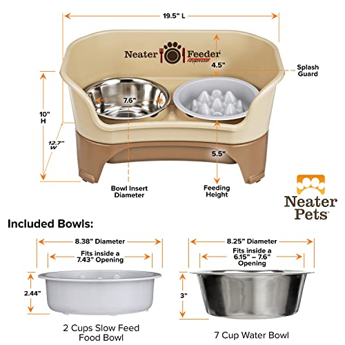 Neater Feeder Express Mess Proof Dog Bowls Elevated for Medium and Large Breed – Made in USA – No Spill Raised Slow Feeder Elevated Dog Bowl Stand, Slow Feed Food and Water Bowl Set, Cappuccino - color: Cappuccino, size: Medium to Large w/ 9 Peak Slow Fee