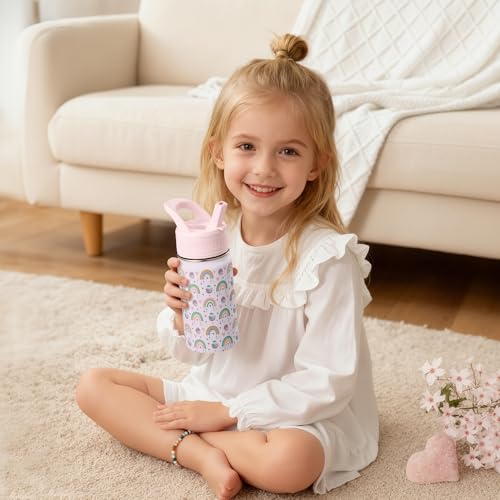 14 Oz Kids Water Bottle, Stainless Steel Water Bottle with Straws, Leak-Proof, BPA-Free, Insulated Water Bottles for School Boys & Girls|White Rainbow - color: White cartoon rainbow