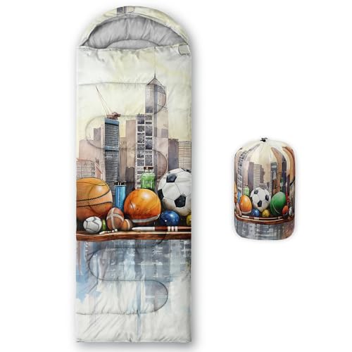 Sleeping Bags for Adults and Kids Backpacking Camping Sleeping Bags for Girls and Boys Lightweight Waterproof Cold/Warm 3-Season - color: Cartoon Sports Ball City Skyline