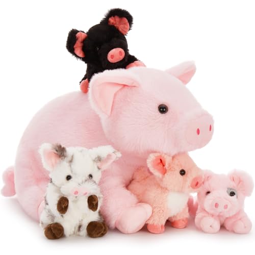 Pig Stuffed Animal with 4 Baby Piggy Toys, Pink Pig Plush Set, 16" | 5-Piece Pig Plush Family; Mommy Pig and Baby Plushies; Zipper Belly Pretend Play; Birthday & Christmas Gift for Kids - style: Pig Pink