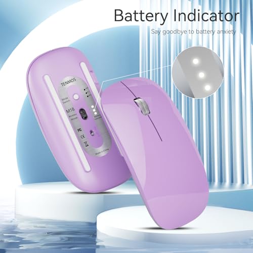 TENMOS M18 Bluetooth Mouse, USB C Rechargeable Wireless Mouse,Silent-Purple | Tri-Mode BT5.1/5.0+2.4G, Quiet Click, Portable, Battery Level Visible, USB Receiver,Type C Adapter, for Laptop/MacBook/iPad - color: purple