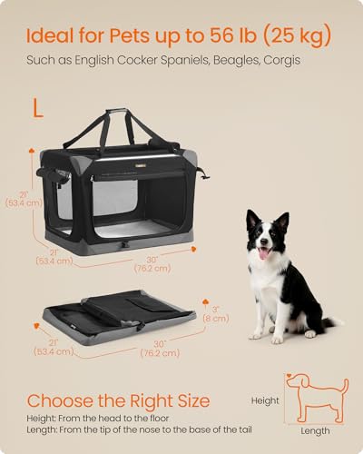 Feandrea Collapsible Dog Crate, Portable Oxford Fabric Pet Travel Crate with 4 Mesh Doors, Handles, Pocket, 30 Inches, for Medium Dogs, Ink Black and Dove Gray UPDC027BH01 - size: L (30"L x 21"W x 21"H)