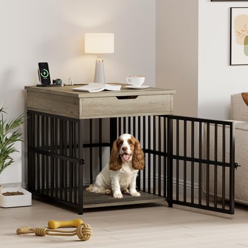 IRONCK Dog Crate Furniture for Small Dogs, Gray | Wooden Dog Kennel with Flip Top Drawer, Indoor Pet Crate End Table with Charging Station, Steel-Tube Dog Cage - color: Grey