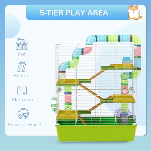 PawHut Extra Large 23" Hamster Cage with Tubes and Tunnels, Portable Carry Handles, Rat House and Habitats Big 5-Tier Design, Mouse Cage Includes Exercise Wheel, Water Bottle, Food Dish, Green | Portable Carry Handles, Rat House and Habitats, Big 5-Tier D
