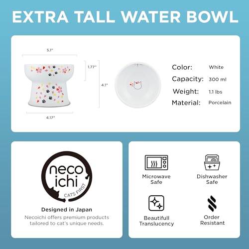 Necoichi Ceramic Elevated Cat Water Bowl, Whisker-Friendly (Cat, Regular) - color: Sakura, size: Extra Tall