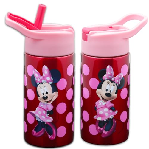 Minnie Mouse Stainless Steel Water 14 Oz Bottle for Kids Adults Bundle | 6" Durable Metal Tumbler Spill-Proof Cup with Straw for School Create a Face, Stickers, More | Minnie Mouse Water Bottle