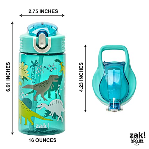 Zak Designs Dinosaur 16oz Leak-Proof Straw Kids Water Bottle, Plastic - color: Dinosaur, size: 16 Ounces