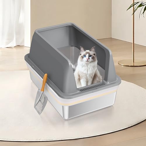 Stainless Steel Sifting Litter Box with Lid, High Sides XXL Extra Large Sifting Cat Litter Box for Pine Pellets & Big Cats, Sifter Litter Pan System for Odor Control,Sifting Box Liners & Scoop - size: XXL:23.6''×15.7''×14''