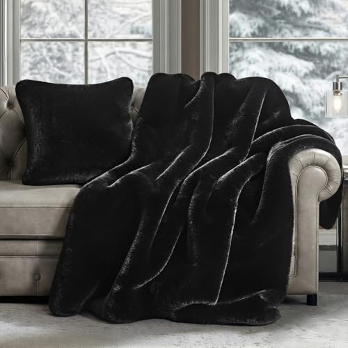 EVERGRACEHOME Faux Chinchilla Fur Throw Blanket, 50"x60", Black Noir Mink | Luxury, Super Soft, 1220GSM, Fluffy Cozy Mink, Reversible Velvet Back, Warm Thick Heavy Winter Throw for Couch Bed, Gift - color: Black Noir Mink, size: 50"x60"