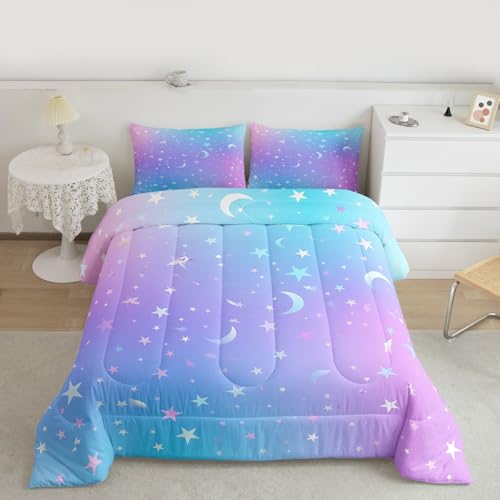 Galaxy Comforter Set Twin Size,Ombre Glitter Bedding Set For Kids Girls Boys Women Bedroom Decor, Tie Dye Rainbow Gradient Duvet Sets Starry Sky Pastel Sparkle Quilted Duvet 2 Pieces, Blue Pink - color: Multi 50, size: Twin