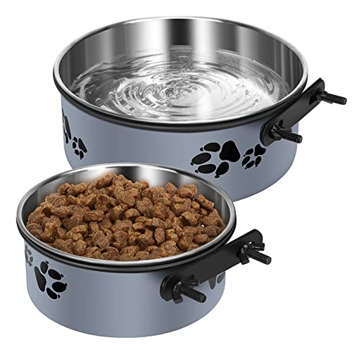 Kennel Water Bowl, ShineMe Stainless Steel Pet Food and Water Feeder Dishes - Attachable Dog Crate Bowls Hanging 2 Pack No Spill for Medium & Large Dogs (7.1x2.9” & 6.2x2.6”) - color: Grey, size: L (54oz+34oz)