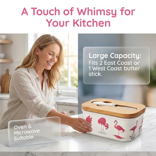 Cute Flamingo Print Ceramic Butter Dish with Bamboo Lid & Butter Knife, Covered Butter Keeper Container Fits Standard Western Butter Stick for Kitchen Countertop Fridge Storage - color: Flamingo