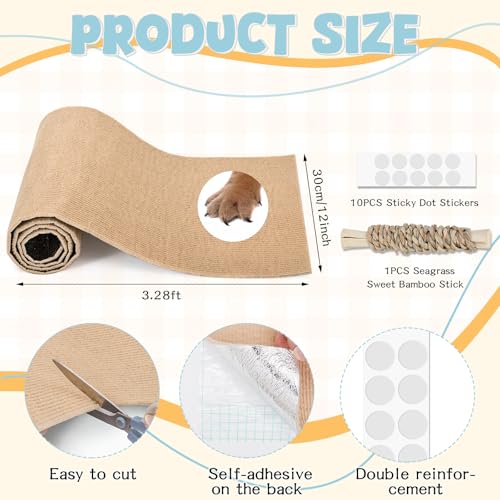 Rabbit Scratch Pad 3.28FT Self Adhesive Cuttable Rabbit Scratching Pad with Seagrass Sweet Bamboo Stick Biting Toys and Sticky Dot Stickers, Claws and Teeth Care Animal Scratching Mats for Pet Cages