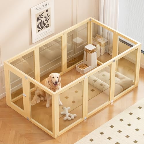 Clear Acrylic Dog Playpen Indoor with Solid Wood Frame, 10 Panels Clear Dog Playpen for Small Dogs, Easy Assembly Acrylic Pet Pen, Safe and Sturdy Play Area for Puppy Rabbit Indoor