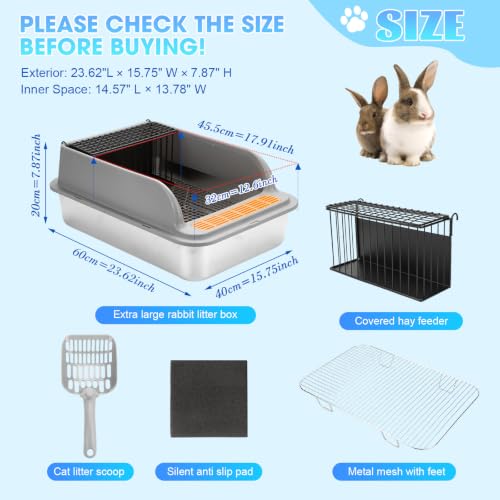 Stainless Steel Rabbit Litter Box w Hay Feeder and Litter Scoop, 23.62 x 15.75 x 7.9 Inch Large Litterboxes w Raised Grid, High Sided Kiter (XX-Large) - size: XX-Large