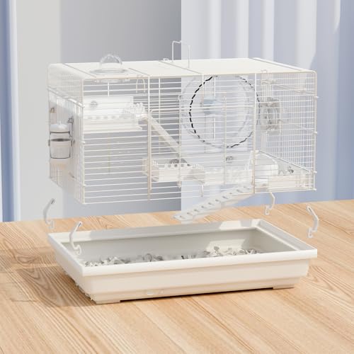 Dwarf Hamster Cage Starter Kit 19x12x12in for Dwarf Hamsters Robo Hamsters | Multilevel Dwarf Hamster Cage with Silent Wheel Ø6", 2 Platforms, 2 Tube Ports, Ladders, Water Bottle, Food Bowl - color: White