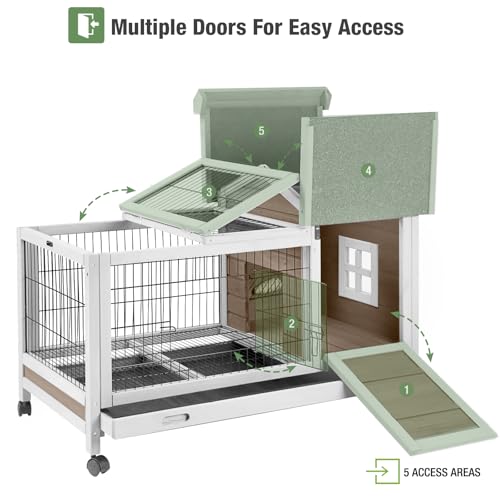 Wooden Rabbit Hutch Indoor and Outdoor, Rabbit Cage with Removable Wire Netting and Leak Proof Tray, Mobile Bunny Cage with Wheels (Brown) - color: Brown