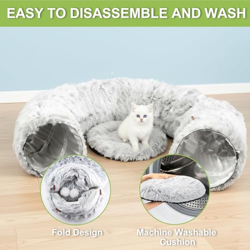 Cat Tunnel Bed for Indoor Cats, Plush Donut Tunnel with Washable Cushion | Peekaboo Cat Hideaway Cave Toy for Kittens, Puppy, Rabbit and Small Pets, Grey