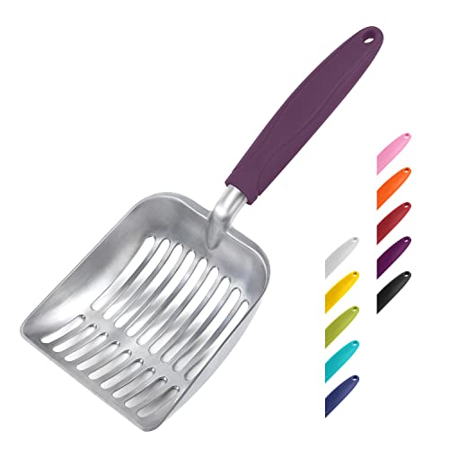 Cat Litter Scoop, Aluminum Alloy Sifter, Kitty Metal Scooper, Deep Shovel, Long Handle, Poop Sifting, Kitten Pooper Lifter, Durable, Heavy Duty, for Litter Box - color: FLAT Aluminum \ #07 Violet Handle, size: Small