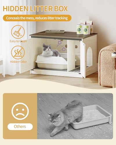 Hzuaneri Cat Litter Box Enclosure, Hidden Litter Box Furniture with Divider | Wooden Cat Cabinet with Removable Dividers, Reversible Entrance Left or Right Side, Cat Washroom, Rustic White Brown CB84614X - color: Rustic White and Brown, size: 31.5"L x 21.