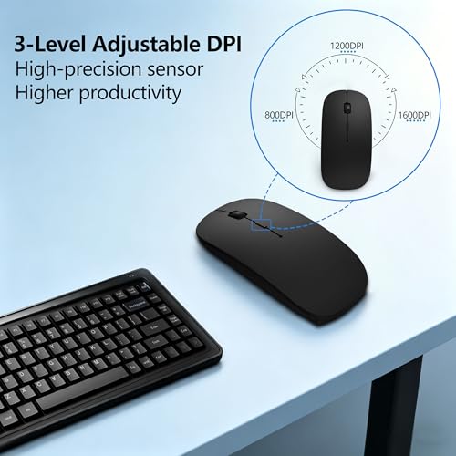 Slim Bluetooth Wireless Mouse with Jiggler - Black | Rechargeable Portable Mouse, BT5.2 & 2.4G, USB-C/USB-A Receiver, Adjustable DPI for MacBook, iPad, Laptop & PC - color: Black
